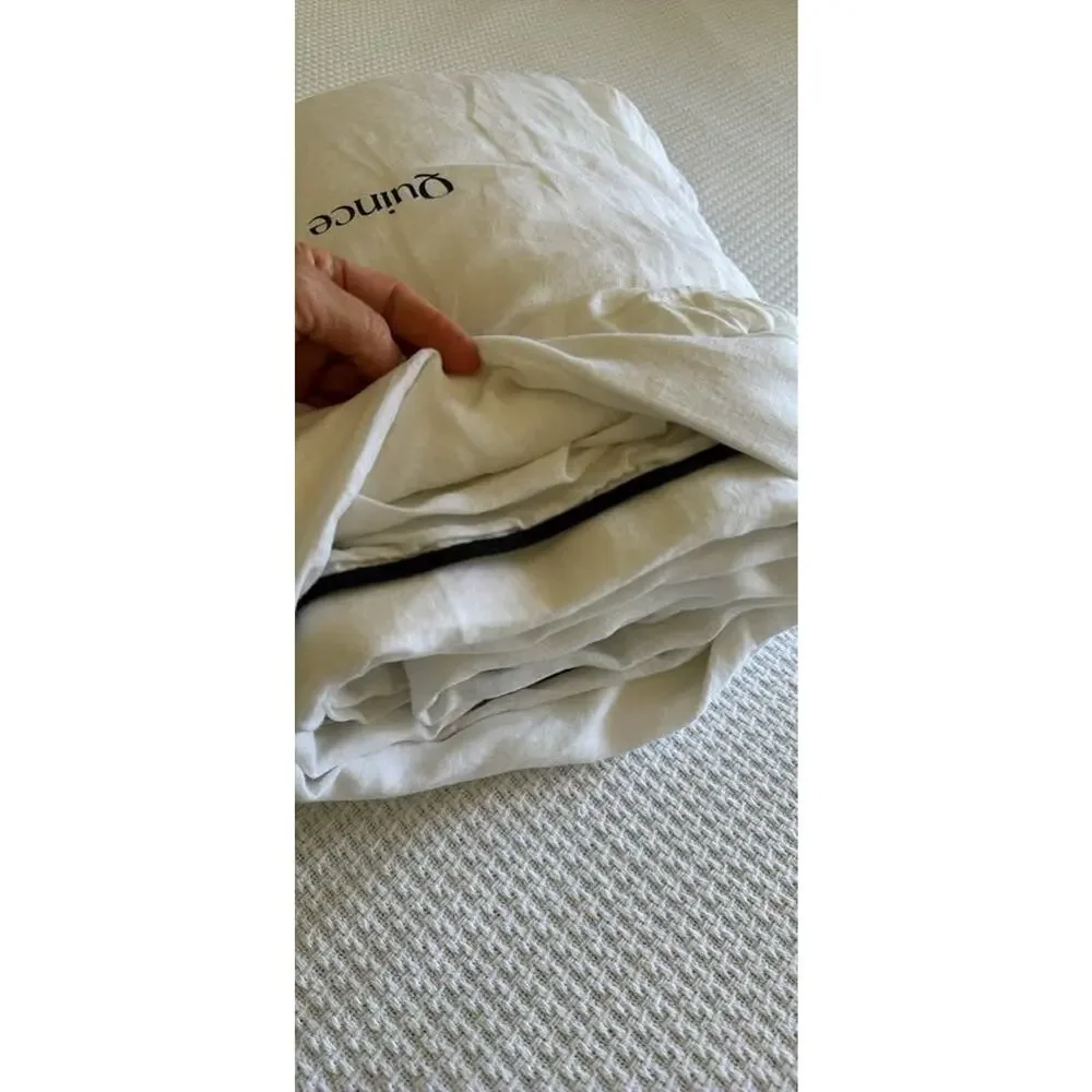 Quince Organic Linen White Piped Duvet Cover Set in size King/ Cal King